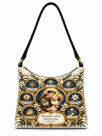 A shoulder bag featuring a detailed religious illustration of Saint Padre Pio holding a child, surrounded by gold medallions with words like 'Guide', 'End', 'Protect', and 'Comfort' on a white background.
