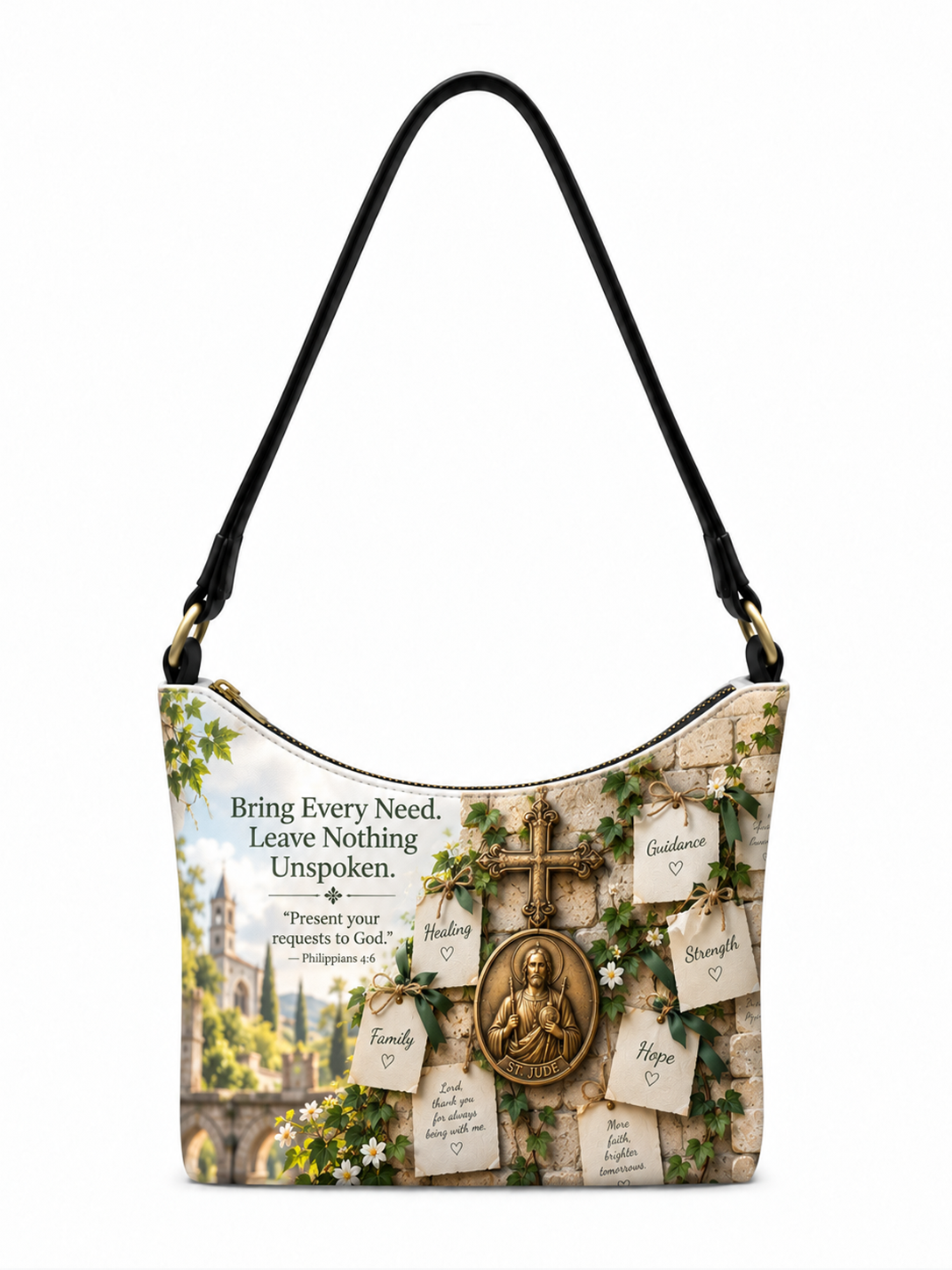 A shoulder bag with a black strap, featuring a printed design of a stone wall adorned with green ivy, a bronze cross, a medallion of the Virgin Mary, and small handwritten prayer cards. The bag has a gold-tone zipper and hardware, set against a plain white background.