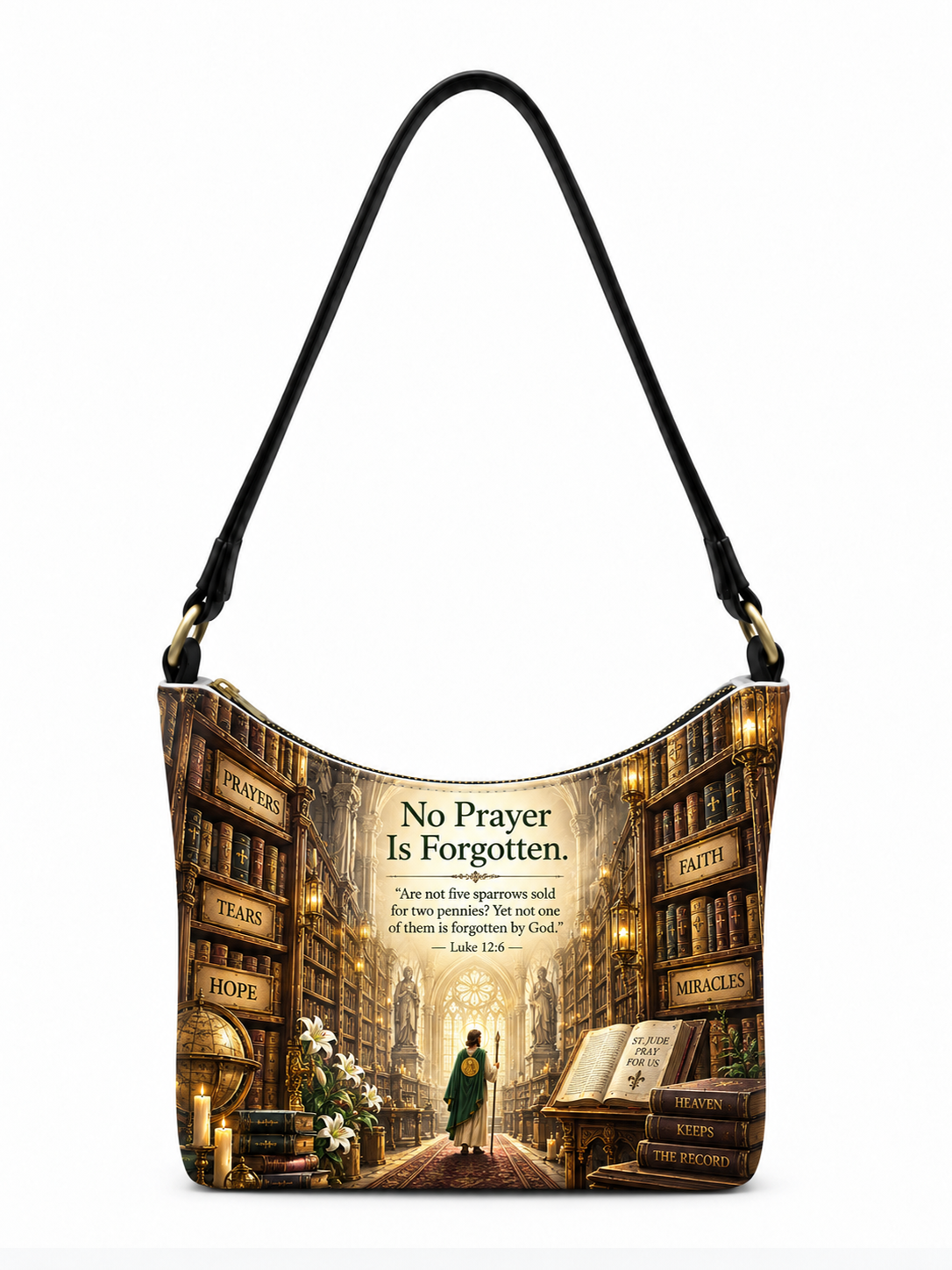 A shoulder bag with a black strap, featuring a printed design of a library aisle with books, candles, and a central figure. The text on the bag reads 'No Prayer Is Forgotten' with a Bible verse and words like 'PRAY', 'FEEL', 'TEARS', 'HOPE', 'FAITH', and 'MIRACLES' printed on the bookshelves.
