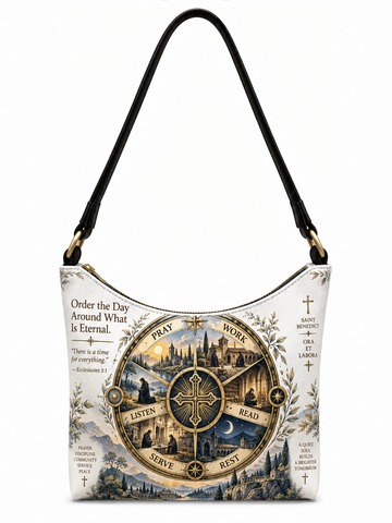 A white shoulder bag with a black strap and gold hardware, featuring a detailed Harry Potter themed print with the Philosopher's Wheel, quotes, and castle illustrations.