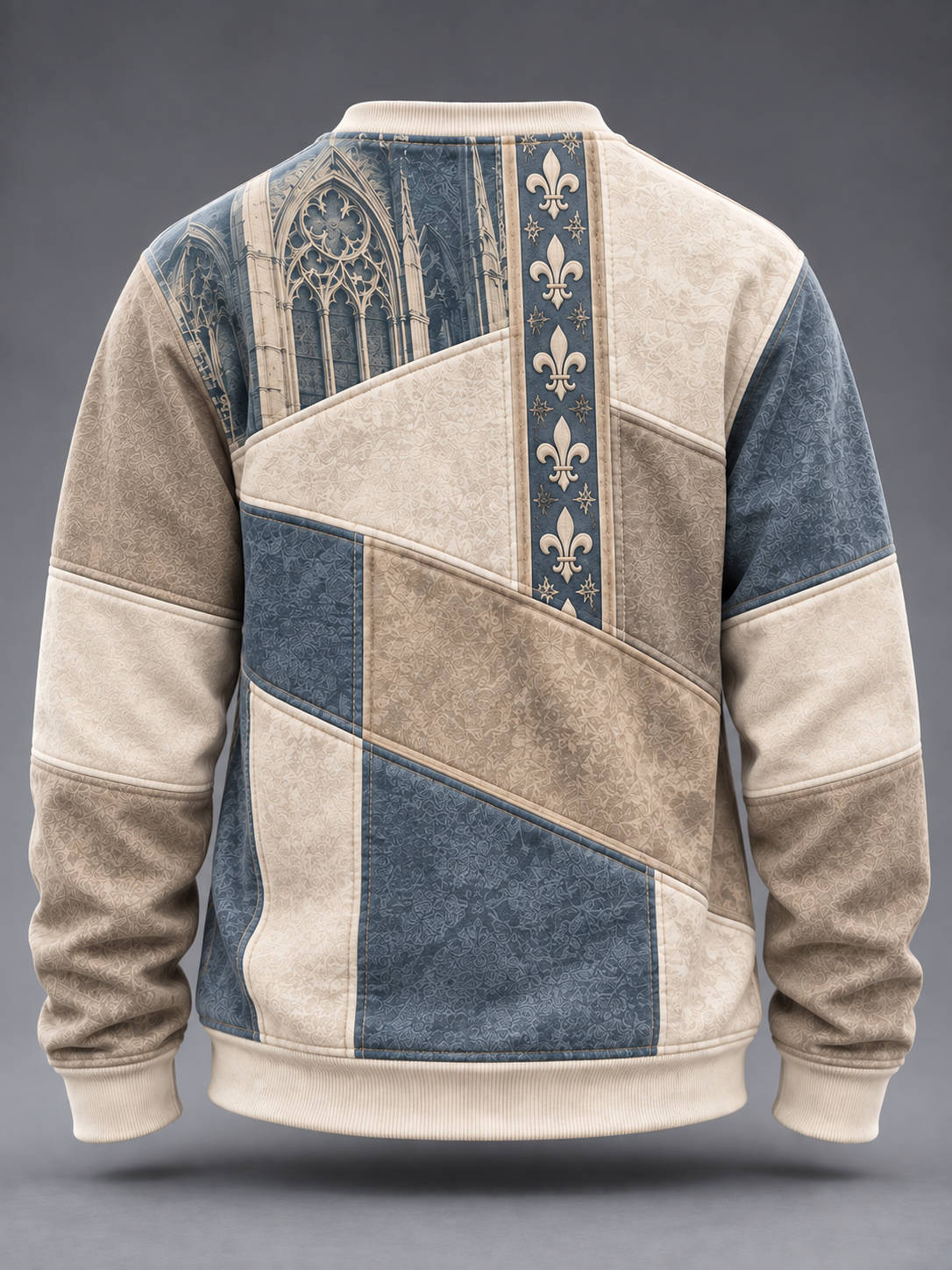 A long-sleeve crewneck sweatshirt shown from the back, featuring a patchwork design with beige and blue panels, a gothic cathedral window print, and a vertical fleur-de-lis pattern.
