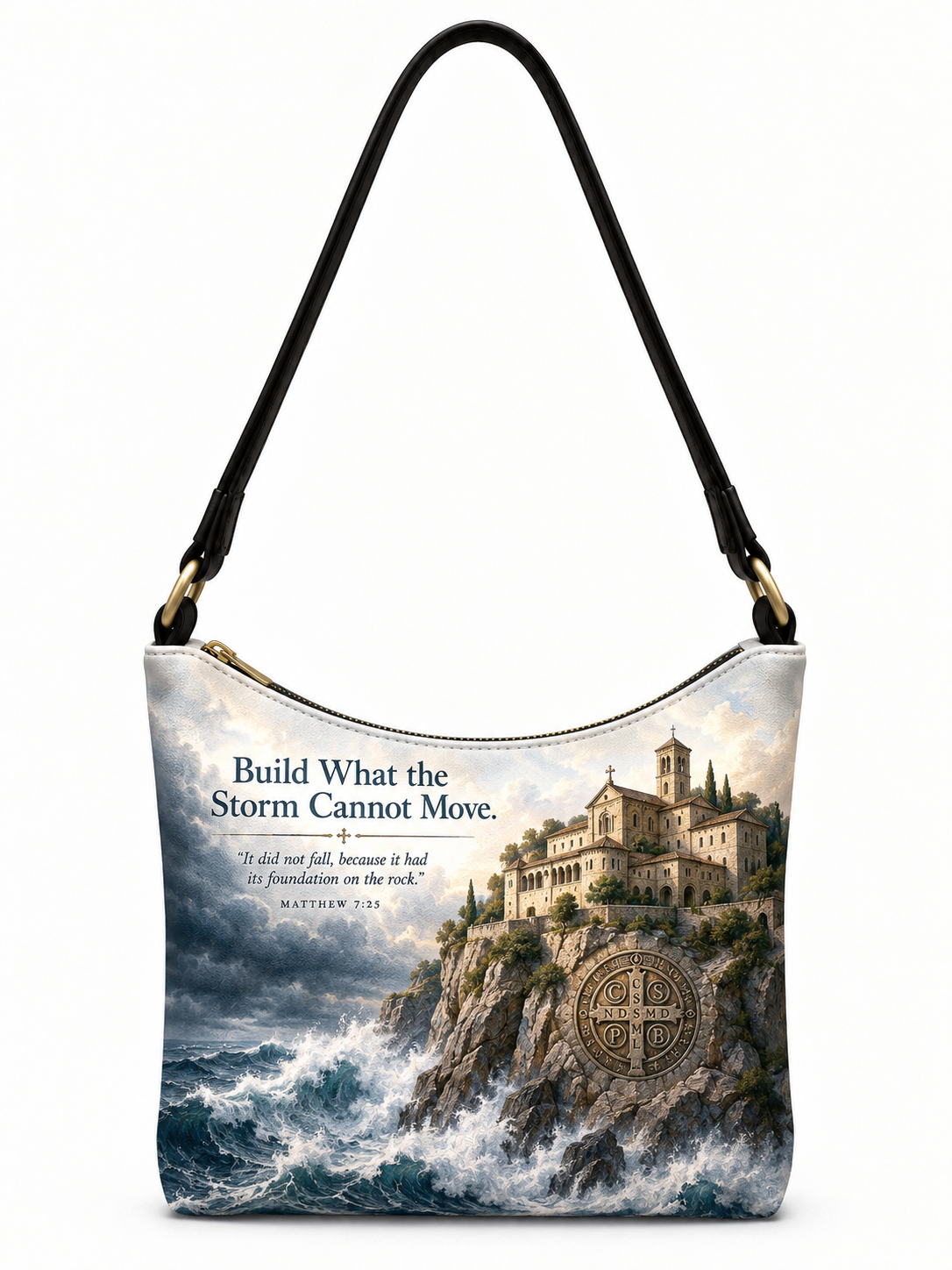 A hobo-style shoulder bag with a black strap and gold-tone hardware, featuring a printed design of a coastal monastery on a rocky cliff above crashing waves, with the text 'Build What the Storm Cannot Move' and a Bible verse.