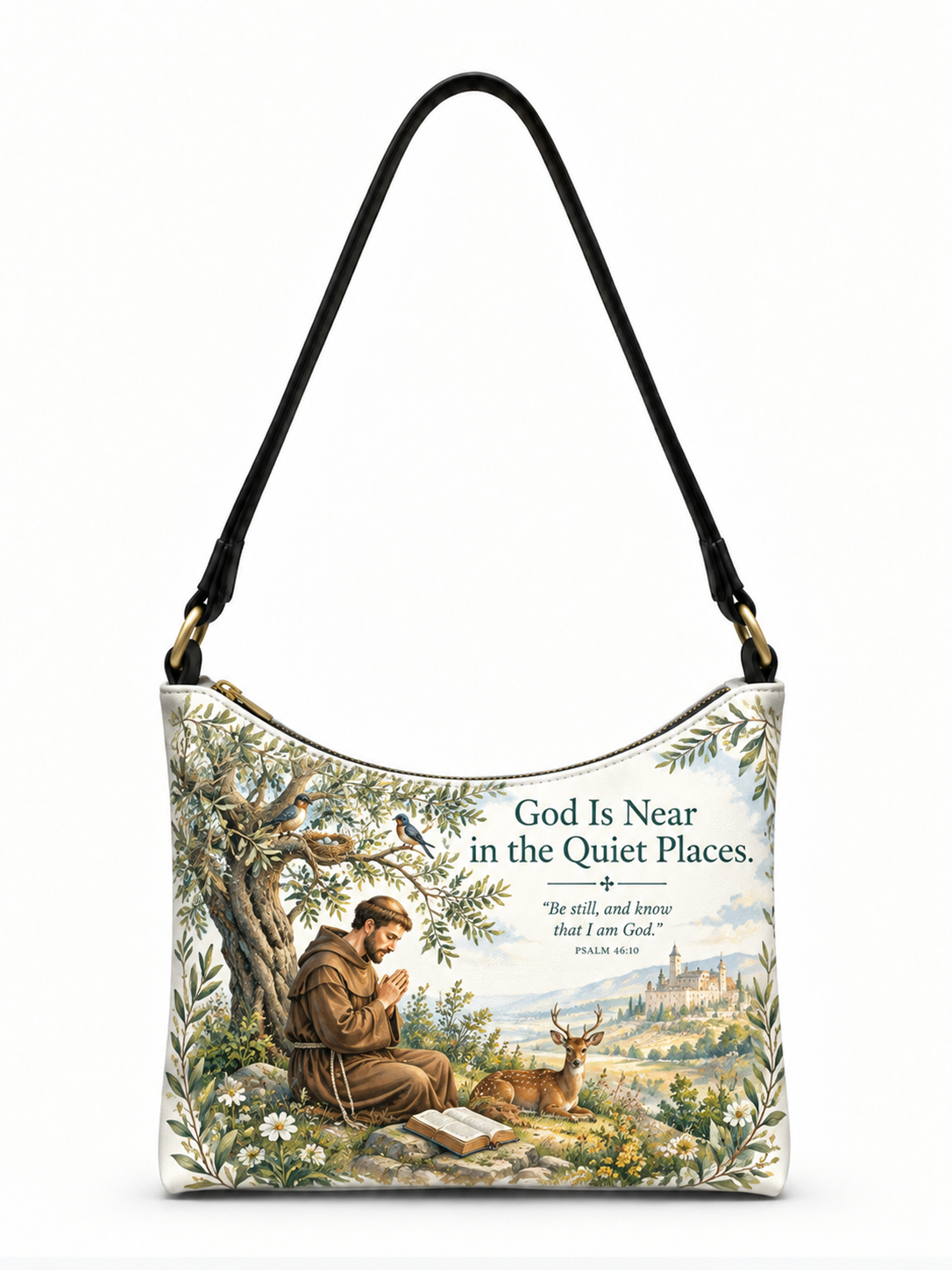 A white shoulder bag with a black strap, featuring a detailed illustration of Saint Francis of Assisi sitting under a tree next to a deer, with the text 'God Is Near in the Quiet Places. Psalm 34:7' printed on the front.