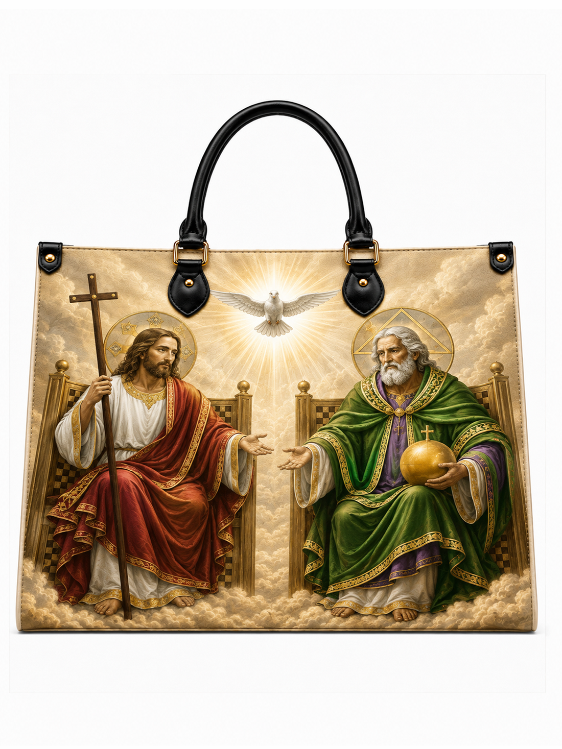 A structured tote bag with black leather handles and gold-tone hardware, featuring a large printed religious artwork of Jesus and the Holy Spirit on a cloudy golden background.