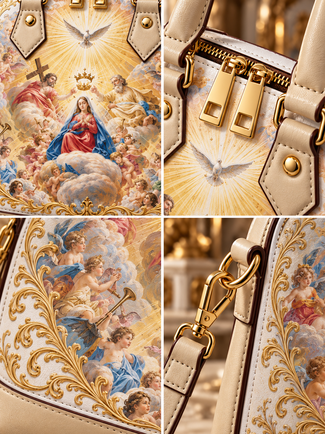 A beige structured handbag shown in a four-panel collage, featuring a large religious baroque-style print with angels, clouds, a crown, and gold ornamental detailing, plus close-up views of gold hardware and a zip closure.