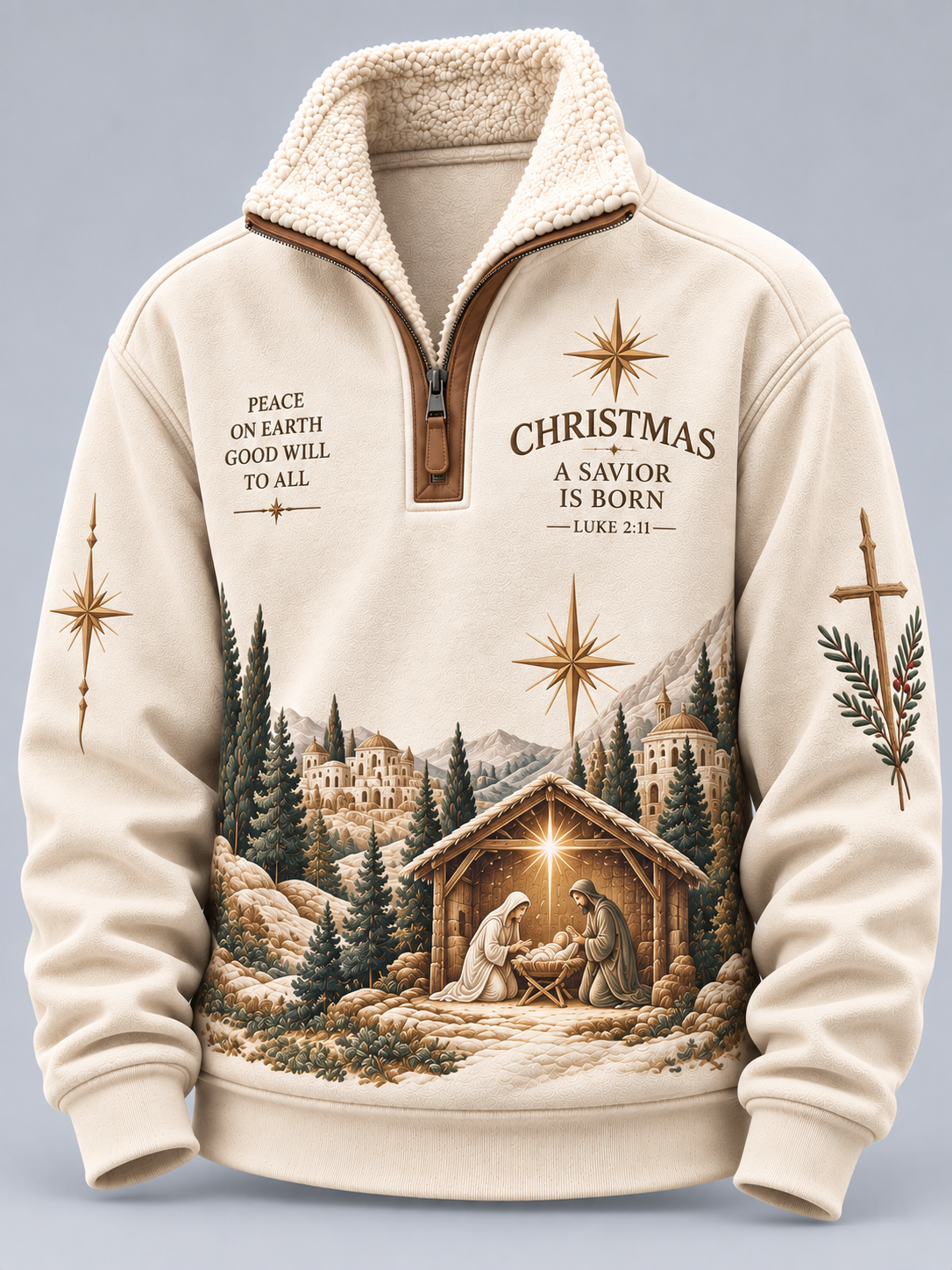 Cream-colored quarter-zip pullover sweatshirt with a sherpa lining, featuring a detailed Christmas nativity scene printed on the front, with scripture text on the chest and sleeves.