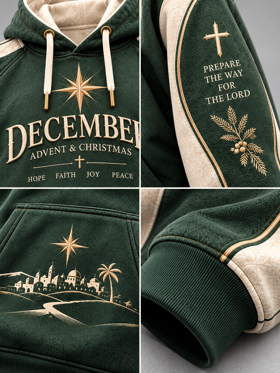 A dark green hooded sweatshirt shown in a four-panel close-up collage. The hoodie has cream-colored hood lining and side panels, gold drawstrings, and gold printed Advent and Christmas graphics including a star, the words 'December Advent & Christmas,' and a city-and-palm illustration on the front pocket.