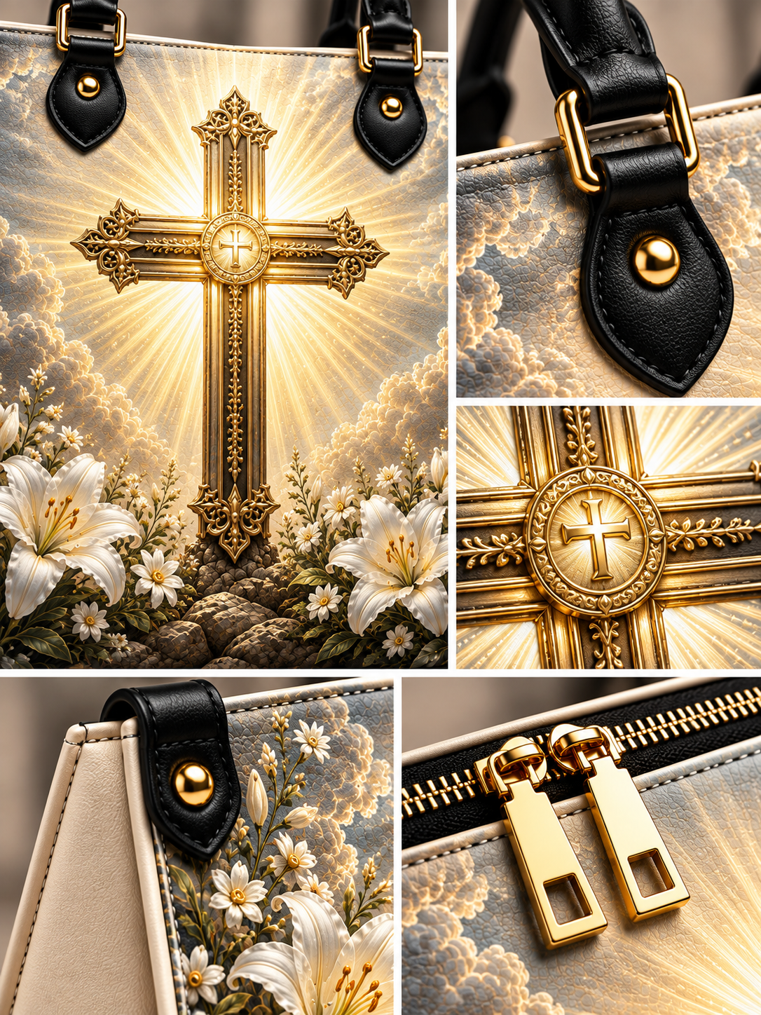 A collage of close-up views of a handbag featuring a large ornate gold cross with radiant light rays, white lilies, clouds, and floral artwork. The bag includes black leather handles with gold hardware and a cream zipper pull detail.