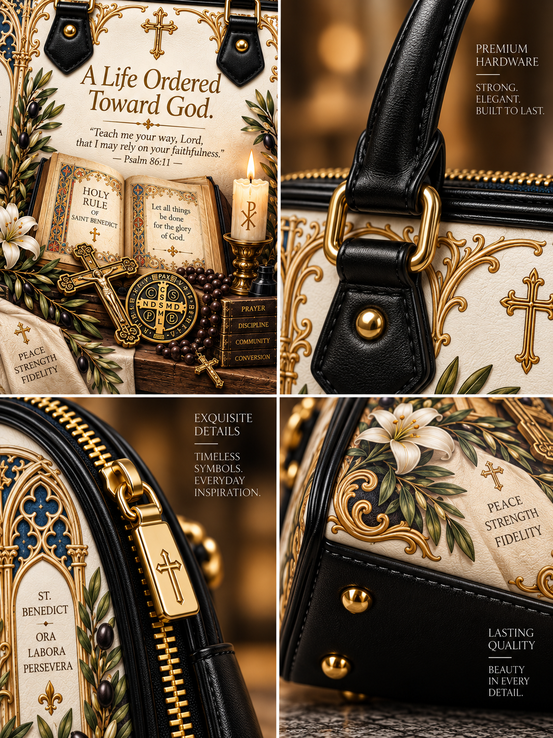 A four-panel close-up collage of a black leather handbag with ornate gold and cream religious artwork, gold hardware, and printed scripture details. Text overlays highlight premium hardware, strong built-to-last leather, exquisite details, and lasting quality.