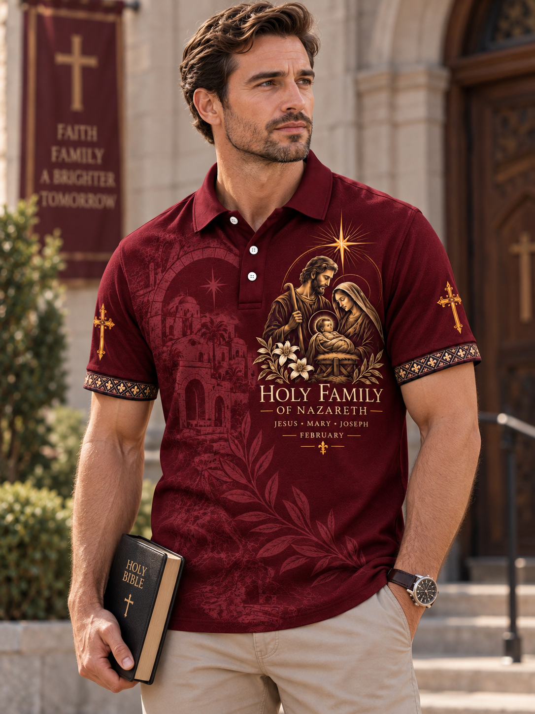 A maroon short-sleeve polo shirt with a detailed graphic of the Holy Family of Nazareth on the front, featuring a star, flowers, and the text 'HOLY FAMILY OF NAZARETH' with customizable names and date. The shirt also features a faint architectural design on the left side and gold cross motifs on the sleeves.