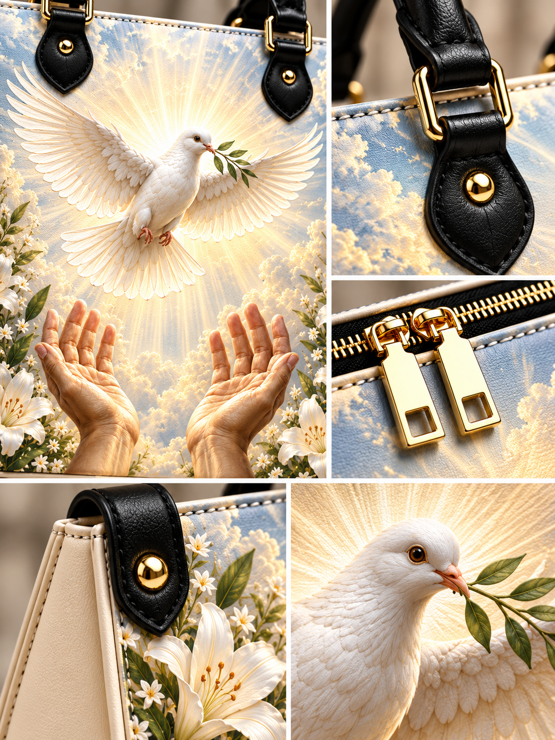 A collage showing multiple close-up views of a handbag with a surreal printed design: a white dove carrying an olive branch over a sky-and-flower background, black leather trim with gold-tone hardware, cream trim, and gold zipper pulls.