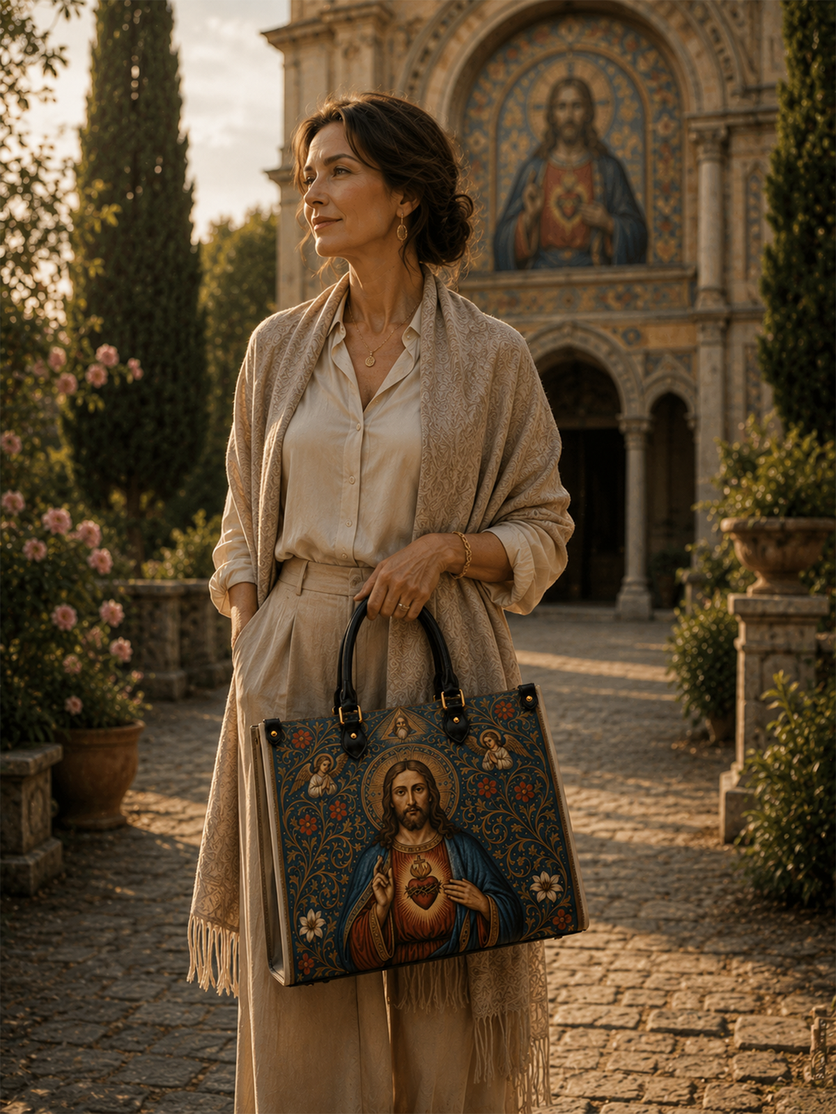 A woman in a beige dress and shawl stands in a garden courtyard holding a large tote bag featuring a religious painting of Jesus with a heart. The background shows a stone pathway and a building with a large religious mural.