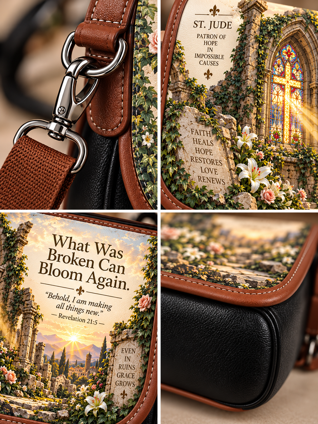 A four-panel collage showing a close-up of a black and brown crossbody bag. The panels highlight the bag's textured brown leather strap, silver metal clasp, and a detailed printed graphic featuring a gothic stone cross, stained glass, green vines, white flowers, and inspirational Bible verses including 'St.