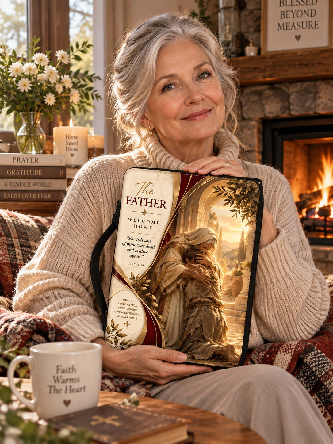 A smiling older woman sits in a cozy living room by a fireplace, holding a decorative Bible-style book or album titled "The Father" with a warm illustration of Jesus embracing a woman. The scene includes a mug that reads "Faith Warms The Heart" and home decor in the background.