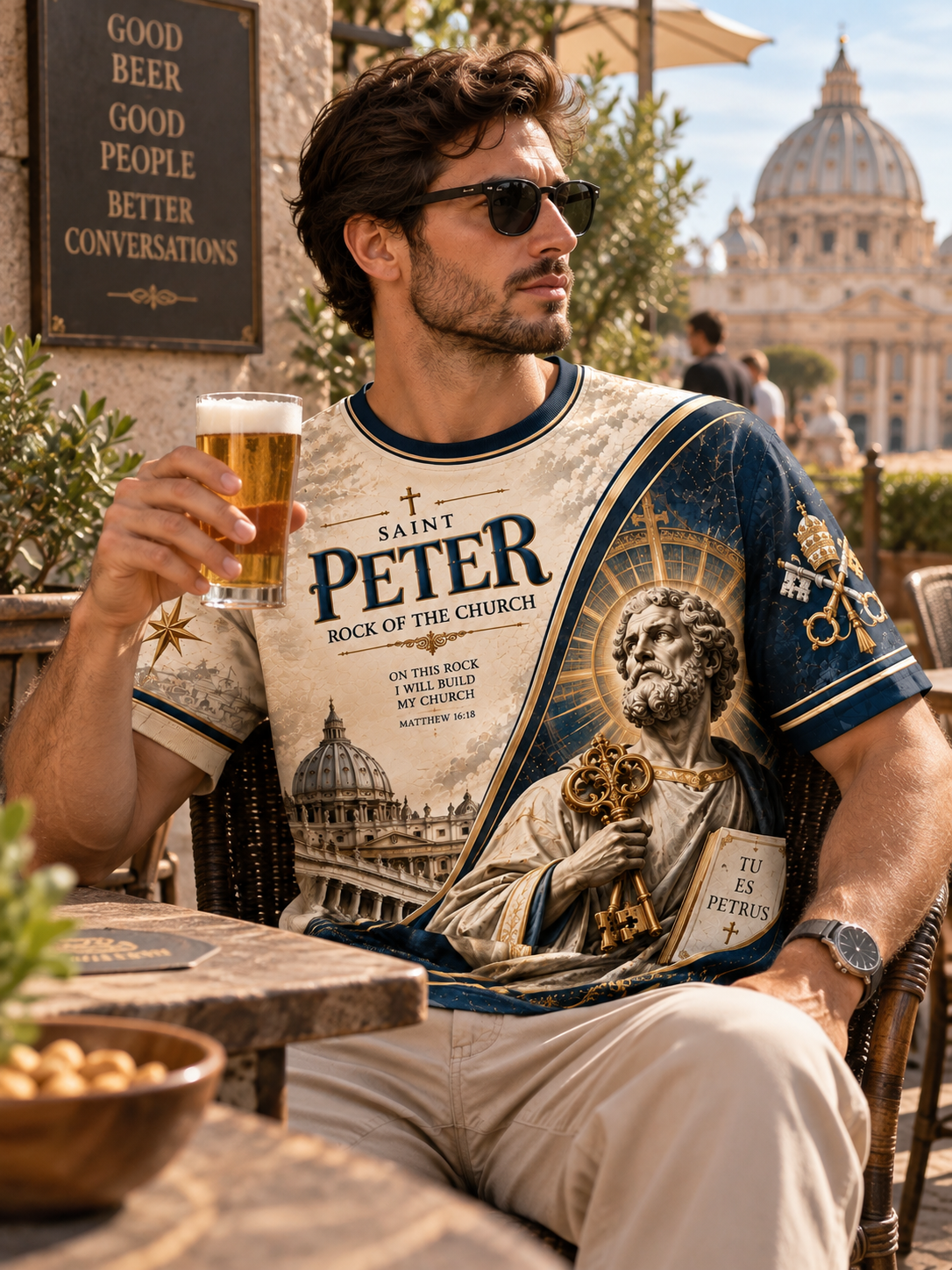 A short-sleeve crewneck t-shirt featuring a highly detailed, full-front graphic print of Saint Peter. The design has a split background of cream and dark navy blue, with gold accents, depicting Saint Peter holding keys and a book, with the text 'SAINT PETER ROCK OF THE CHURCH' and 'TU ES PETRUS'.