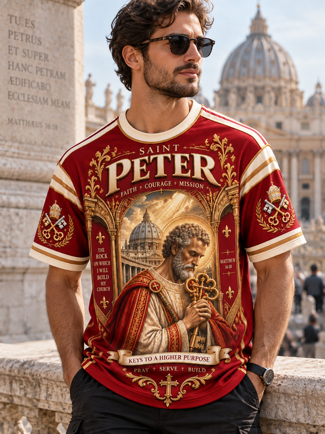 A short-sleeve crewneck t-shirt featuring a detailed graphic print of Saint Peter with a golden key, set against a red and gold design with religious text and ornate baroque-style borders.