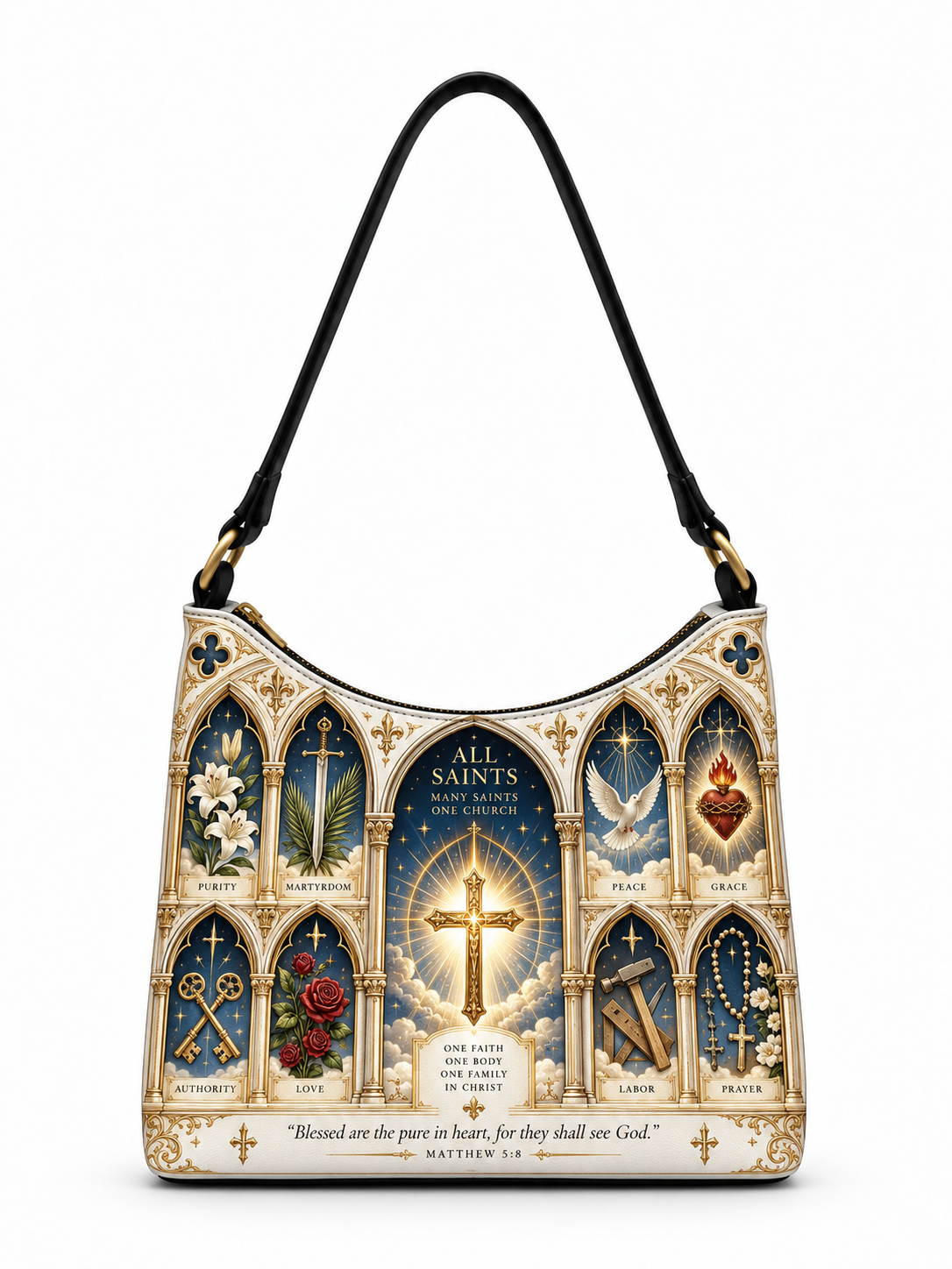 A shoulder bag featuring a detailed gothic-style illustration of saints and religious symbols, including a central glowing cross, floral motifs, keys, and rosary beads, with a black strap and gold-tone hardware.