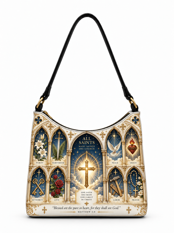 A shoulder bag featuring a detailed gothic-style illustration of saints and religious symbols, including a central glowing cross, floral motifs, keys, and rosary beads, with a black strap and gold-tone hardware.