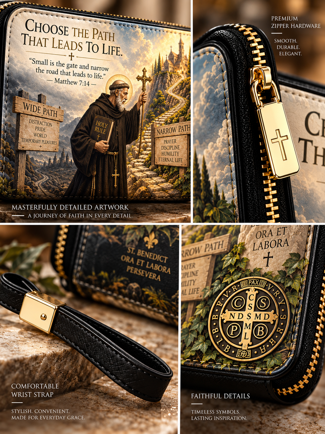 A four-panel product collage showing a zip-around religious pouch with a printed illustration of Saint Benedict on the front, plus close-up views of the black leather strap, gold-tone hardware, and detailed printed artwork. Text overlays describe features such as premium zipper hardware, comfortable wrist strap, and faithful details.