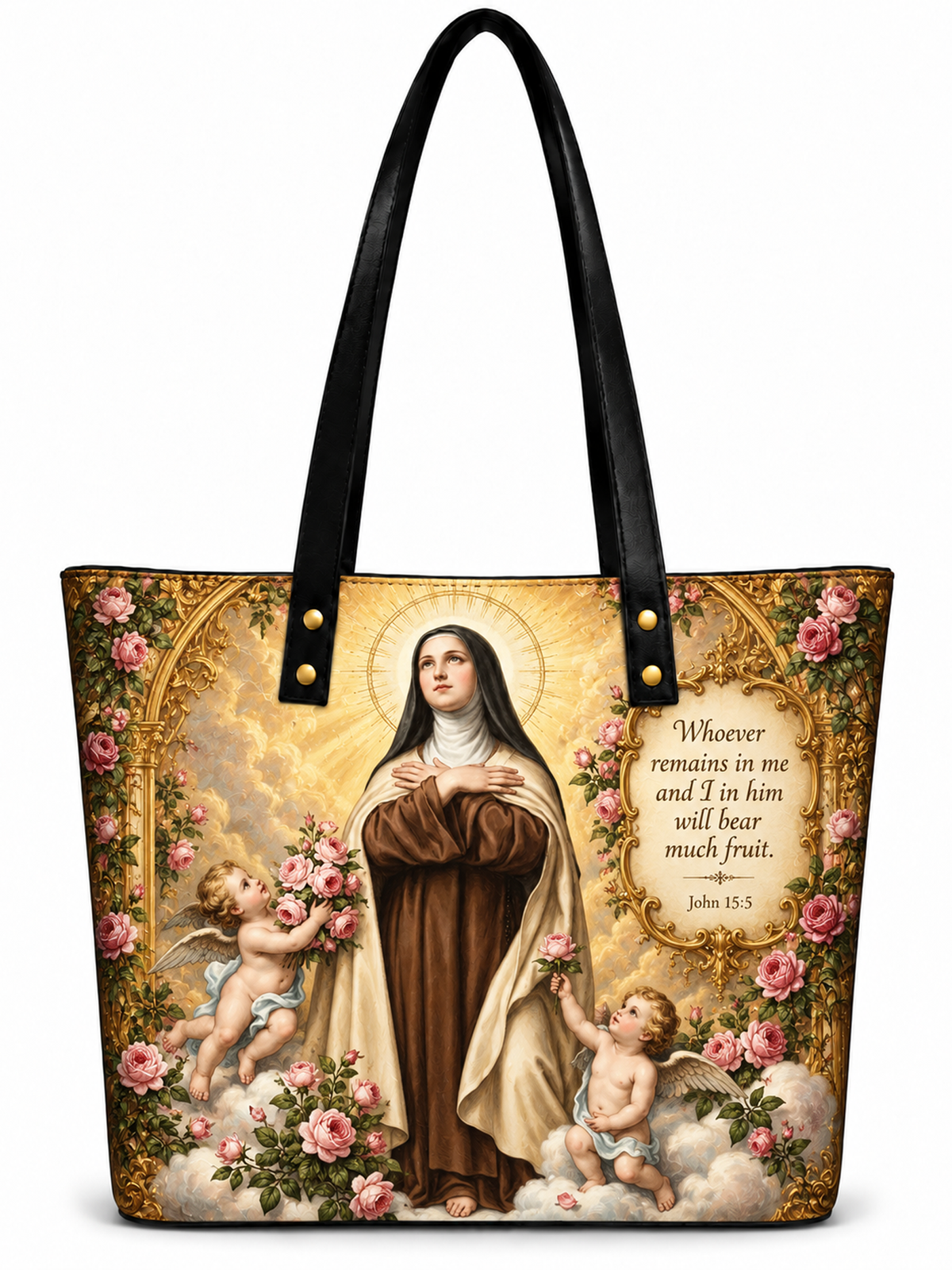A tote bag featuring a detailed religious print of Our Lady of Fatima with cherubs and pink roses, complete with black shoulder straps and gold hardware, set against a plain white background.