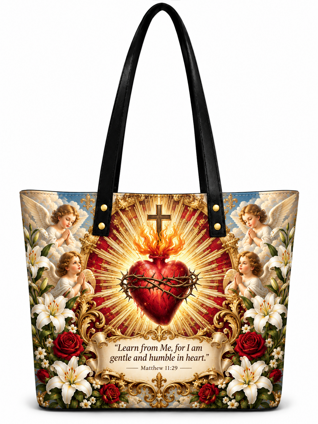 A black shoulder tote bag featuring a highly detailed, colorful graphic print of the Sacred Heart of Jesus, flanked by cherubs, lilies, and roses, with a Bible verse printed below.