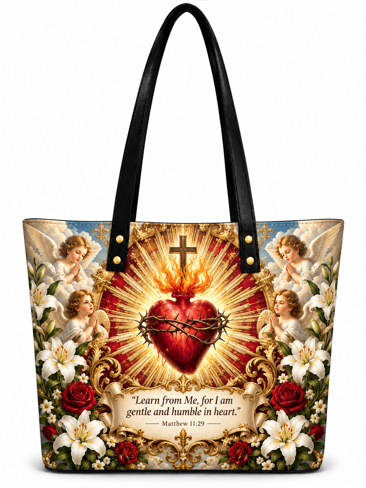A black shoulder tote bag featuring a highly detailed, colorful graphic print of the Sacred Heart of Jesus, flanked by cherubs, lilies, and roses, with a Bible verse printed below.