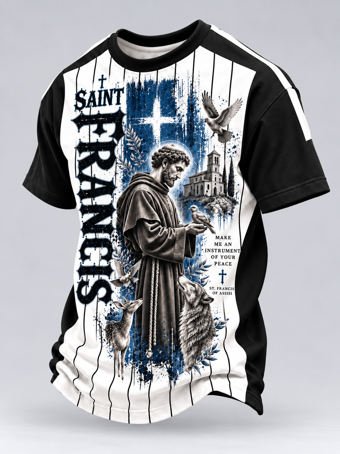 A short-sleeve athletic-style T-shirt with a black and white pinstripe design, featuring a large graphic print of Saint Francis on the front with blue watercolor-style background details, text reading 'SAINT FRANCIS,' and religious imagery including a cross, dove, and building.