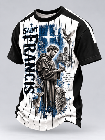 A short-sleeve athletic-style T-shirt with a black and white pinstripe design, featuring a large graphic print of Saint Francis on the front with blue watercolor-style background details, text reading 'SAINT FRANCIS,' and religious imagery including a cross, dove, and building.