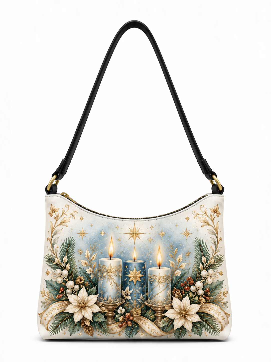 A shoulder bag with a black strap and a cream-colored body, decorated with a festive Christmas illustration featuring two lit candles, gold stars, poinsettias, pine branches, and ribbons on a white background.