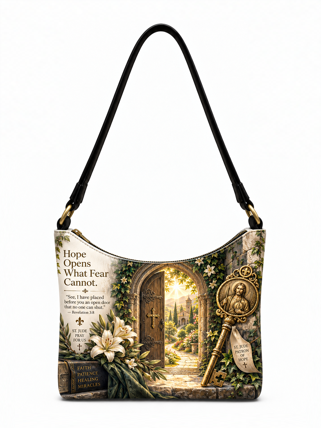 A shoulder bag with a black strap and a detailed graphic print showing a golden key, white lilies, a Bible, and a pathway leading through a stone archway to a bright garden. The text on the bag reads, 'Hope Opens What Fear Cannot.