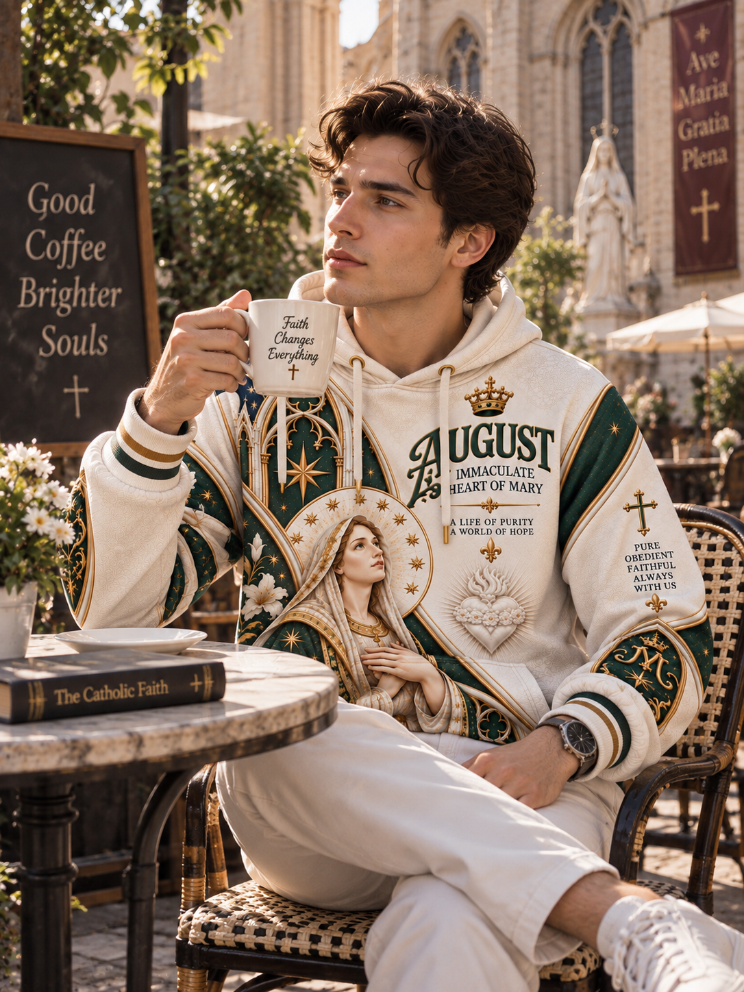 A hooded sweatshirt with an all-over religious graphic print featuring the Virgin Mary, gold stars, green and cream panels, and text including 'August Immaculate Heart of Mary' and 'Queen of Heaven Prayer For Us.'.