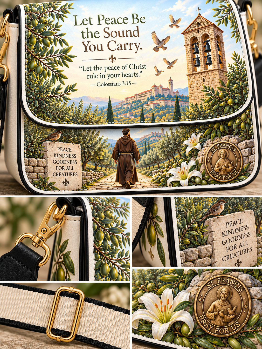 A close-up collage of a handbag featuring a detailed religious illustration with olive branches, a saint walking toward a church tower, birds, lilies, and the quote, 'Let Peace Be the Sound You Carry.' The bag has a cream and black strap with gold-tone hardware, and inset detail photos show the printed artwork, a stone plaque reading 'PEACE KINDNESS GOODNESS FOR ALL CREATURES,' and a bronze-toned medallion.