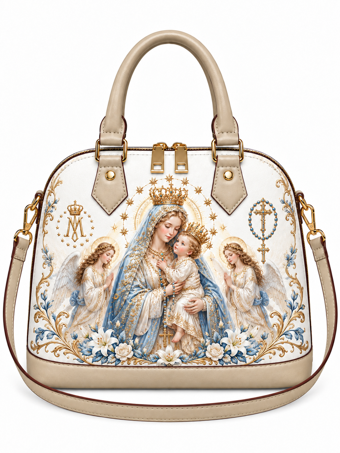 A structured dome handbag with beige leather trim and handles, featuring a large religious illustration of the Virgin Mary, baby Jesus, and angels on the front panel, with gold-tone hardware and a detachable shoulder strap.
