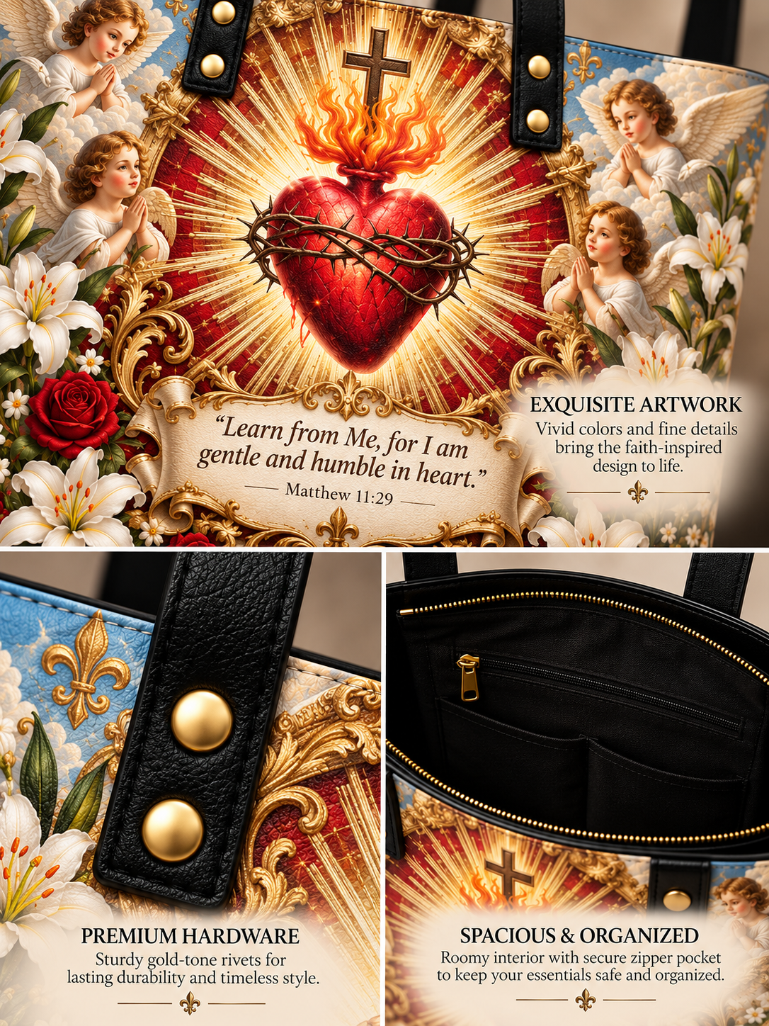 A tote bag with an ornate religious art print featuring a flaming red heart, angels, lilies, and gold baroque details, shown in a three-panel layout highlighting the exterior artwork, hardware, and interior space.