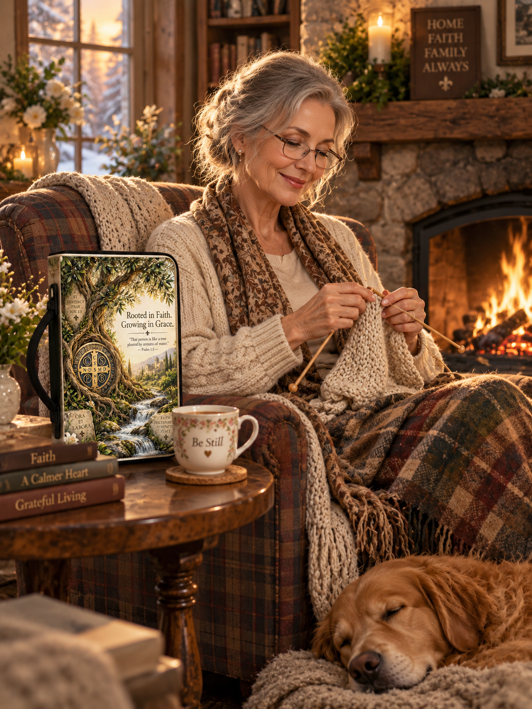 A cozy indoor scene shows a woman knitting in a plaid armchair by a fireplace, with a book titled 'Rooted in Faith: Living in Grace' placed on the table beside her, along with a mug, books, and a sleeping golden retriever dog.