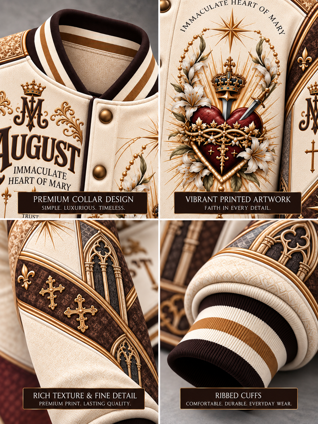 A four-panel close-up collage of a varsity-style jacket, showing the front chest print with 'August' and an ornate heart-and-cross design, the collar construction, a detailed sleeve panel, and the ribbed cuff. Text callouts describe premium collar design, vibrant printed artwork, rich texture and fine detail, and ribbed cuffs.