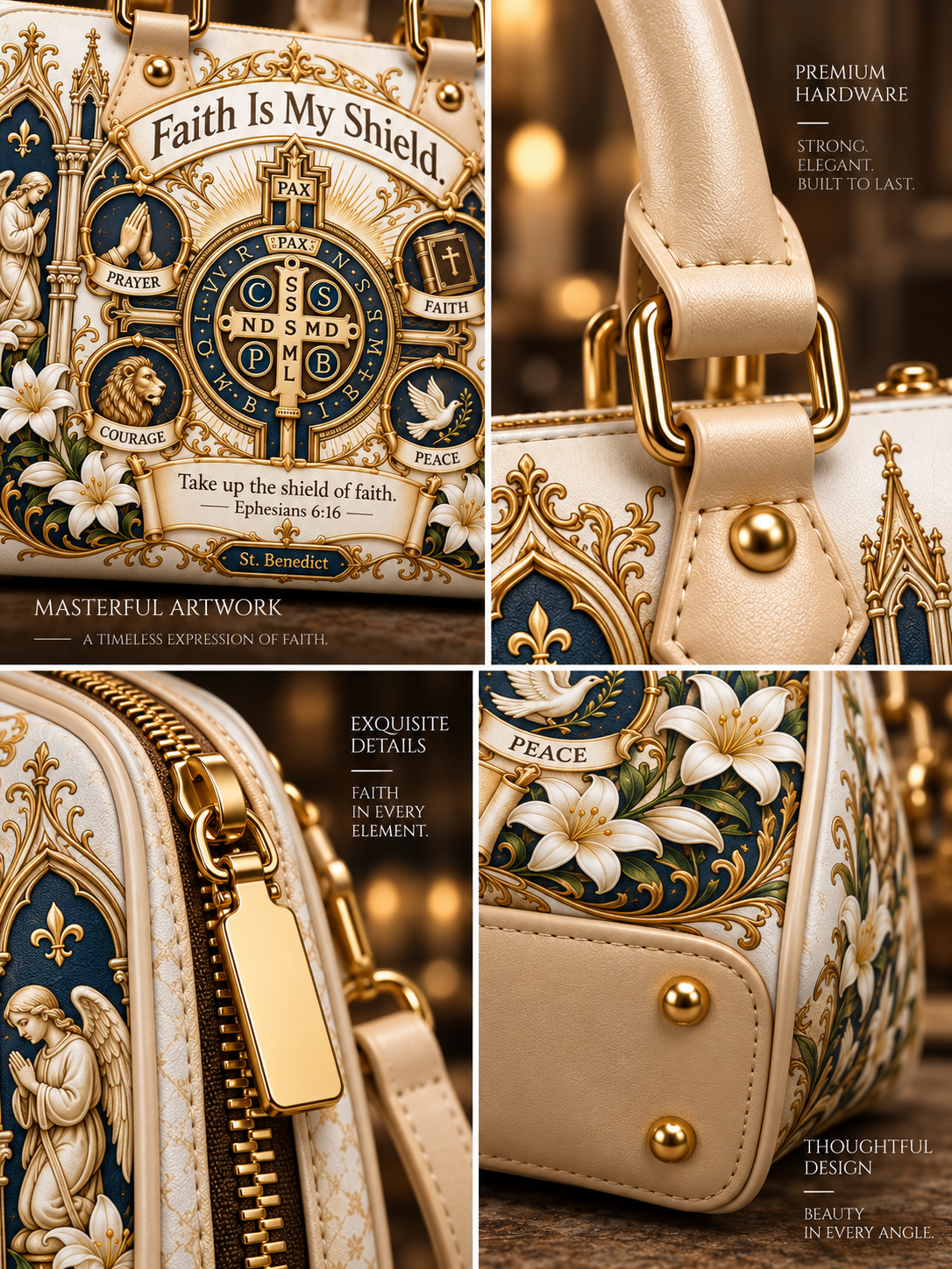 A luxury handbag shown in a four-panel collage with close-up views of its ornate front, handle, zipper, and floral side detail. The bag is cream-colored with extensive gold baroque-style detailing, blue and gold religious crest artwork, white flowers, and gold hardware.