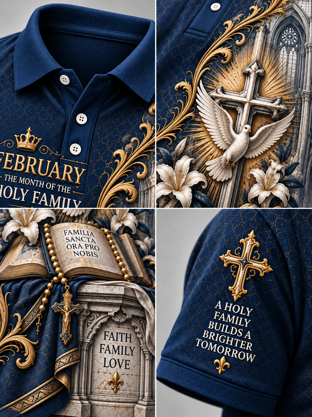 A navy blue polo shirt shown in a four-panel collage, featuring ornate gold and white religious graphics and text including 'February', 'A Holy Family Builds a Brighter Tomorrow', a cross with a dove, an open book, and 'Faith Family Love'.
