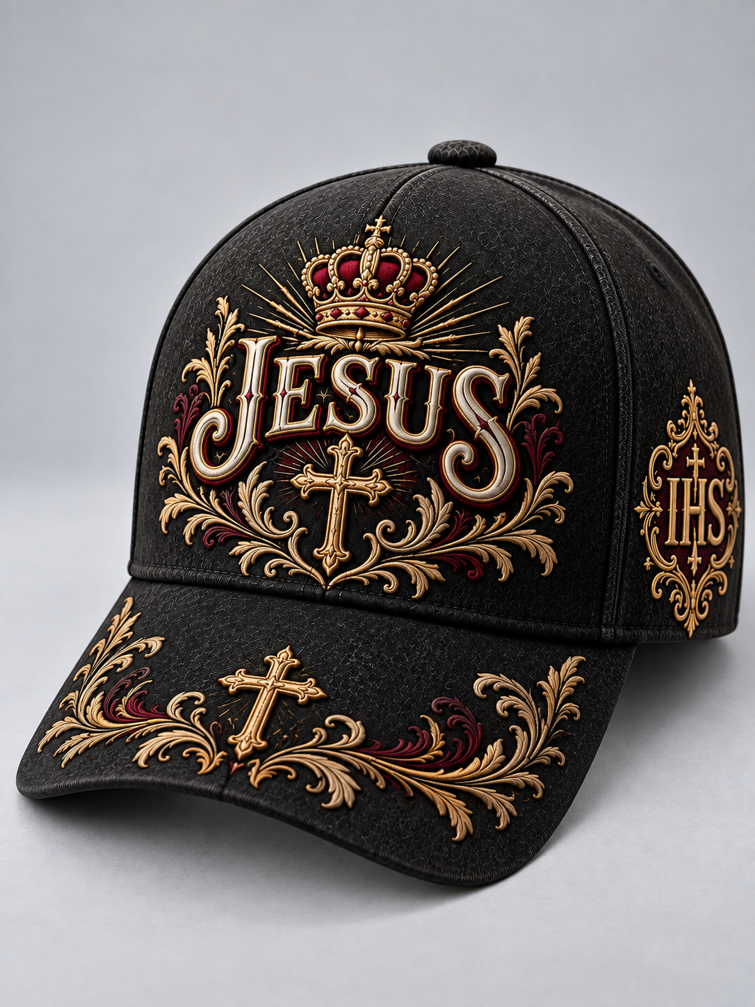 A black baseball cap featuring ornate gold and red embroidered religious designs, including the word 'JESUS' under a crown, a central cross, and 'IHS' on the side.