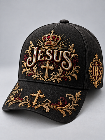 A black baseball cap featuring ornate gold and red embroidered religious designs, including the word 'JESUS' under a crown, a central cross, and 'IHS' on the side.