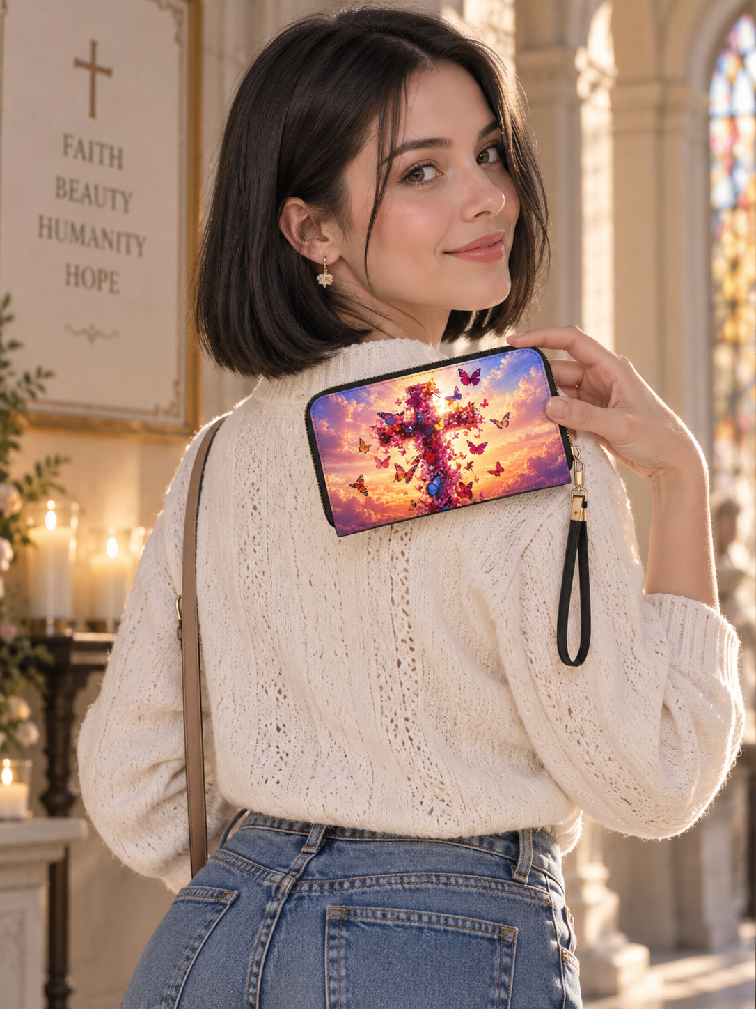 A zip-around wristlet wallet with a black wrist strap and gold-tone hardware, featuring a vibrant printed design of a cross made of flowers and butterflies against a colorful sunset sky.