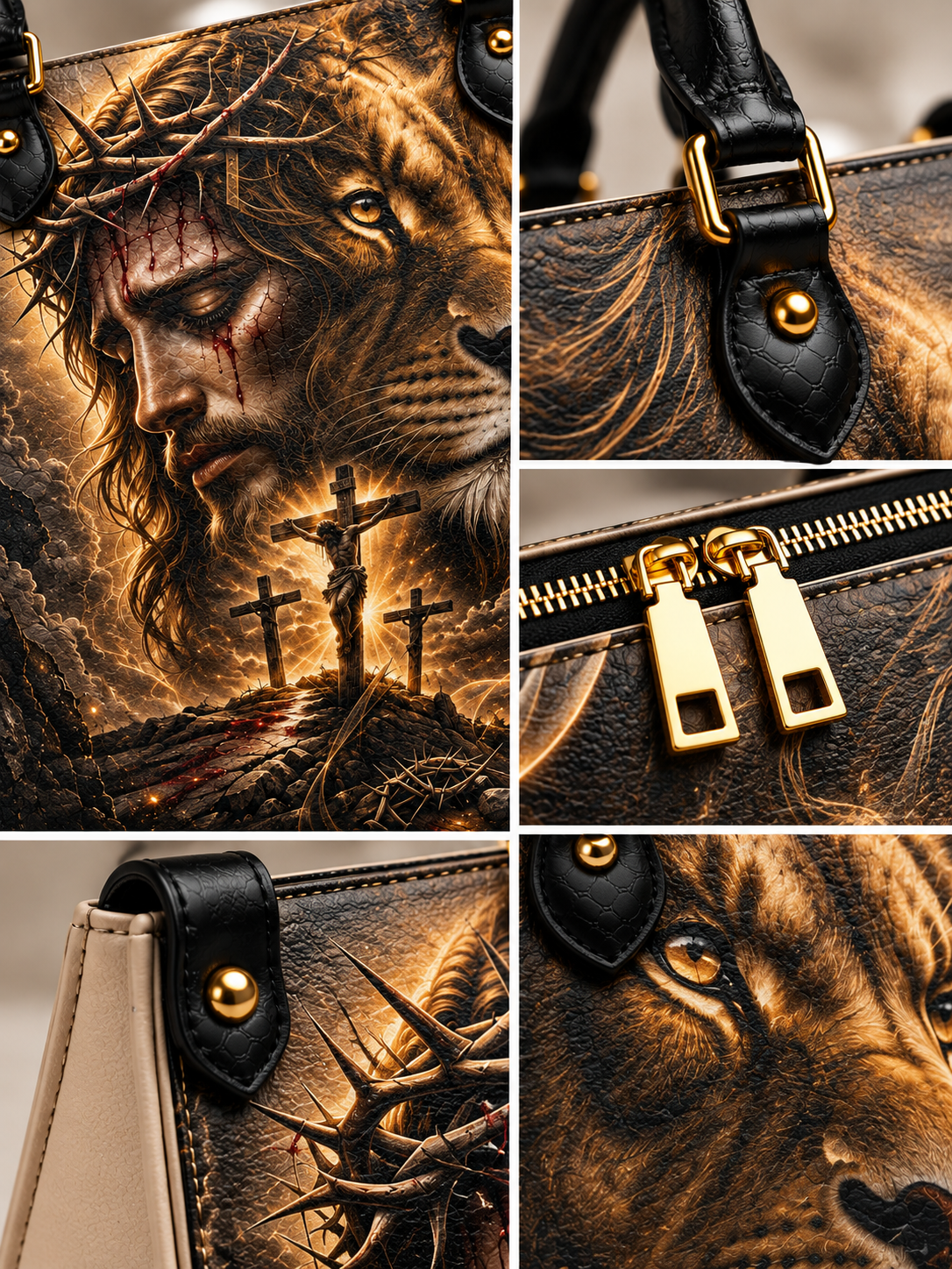 A close-up collage of a brown textured handbag showing a detailed religious illustration of Jesus with a crown of thorns and crosses, black leather trim with gold-tone hardware, and a close-up of a lion face on the bag.