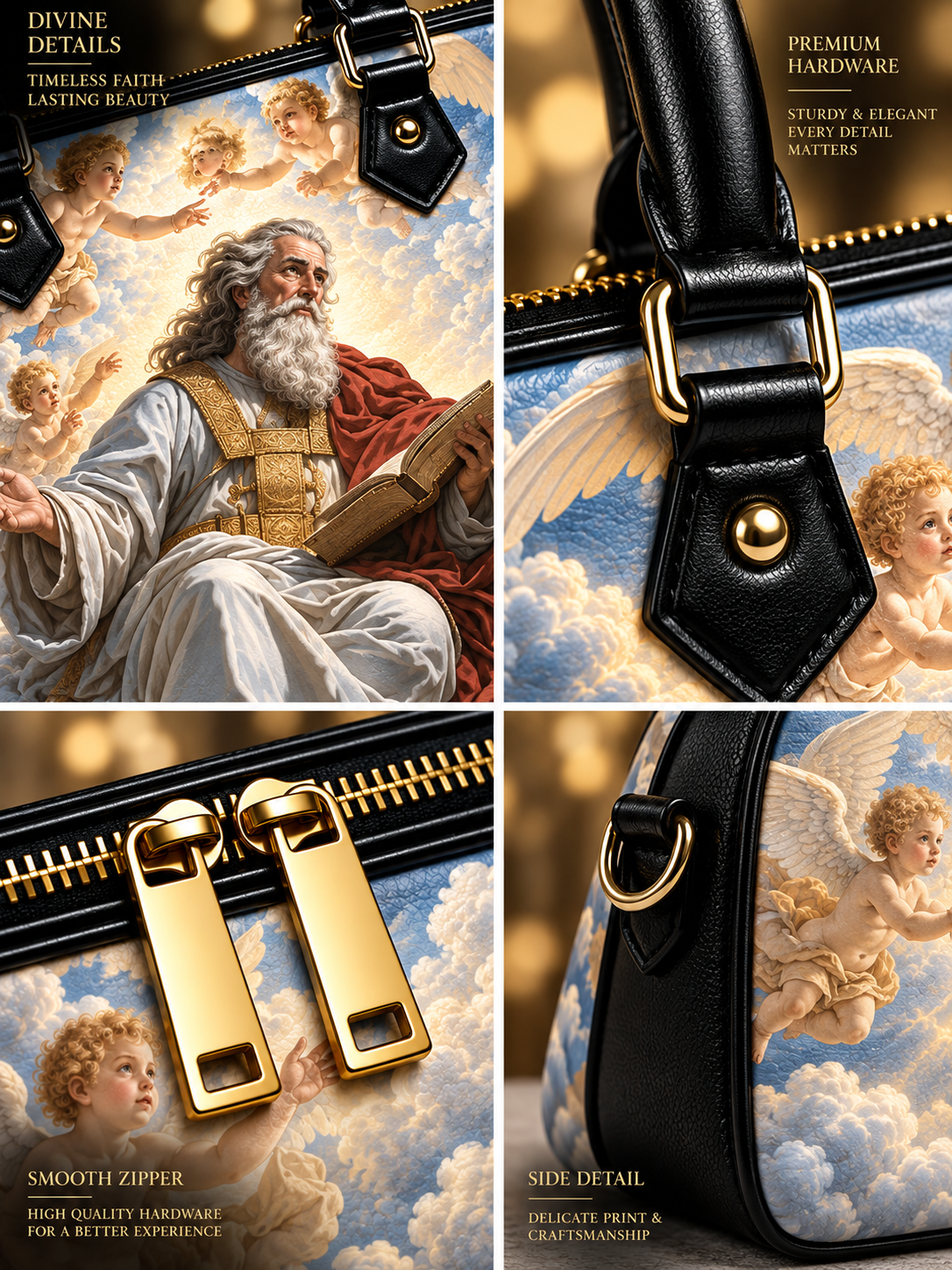 A four-panel close-up collage of a handbag featuring a classical painting print of an elderly bearded man with angels and clouds, paired with black leather trim and gold hardware. Text overlays highlight features like divine details, premium hardware, smooth zipper, and side detail.