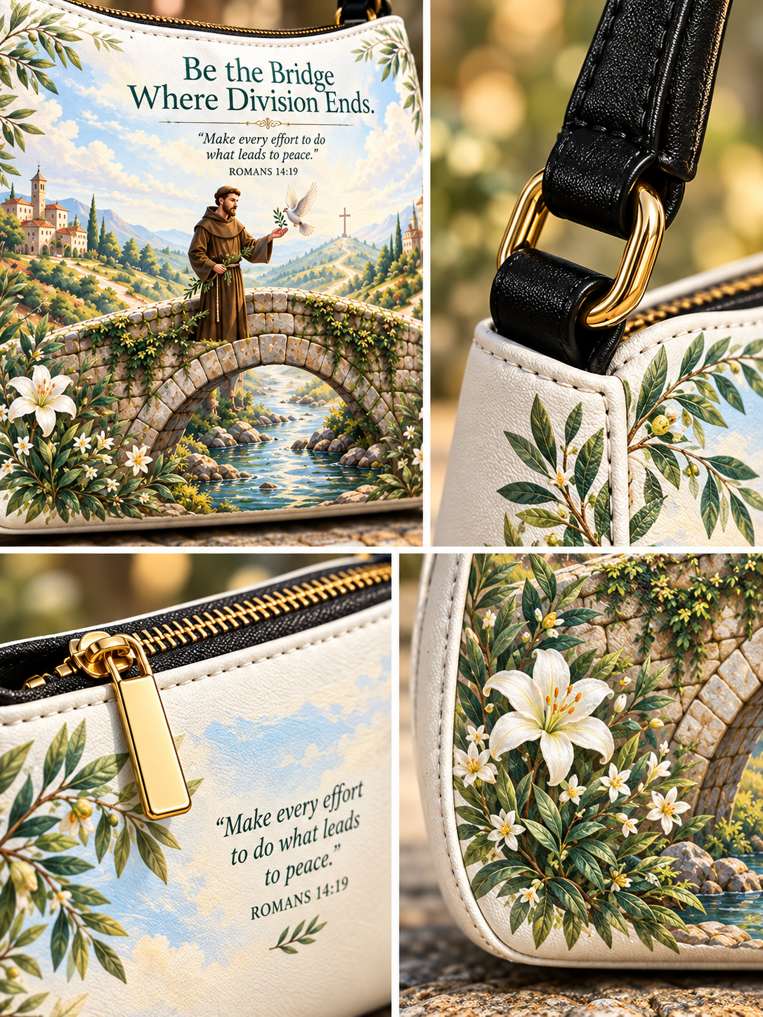 A collage showing a small crossbody bag with a detailed religious illustration of Saint Francis of Assisi standing on a stone bridge over a river, surrounded by white lilies and green foliage. The bag has a cream-colored leather base, a black strap, and gold-tone hardware.
