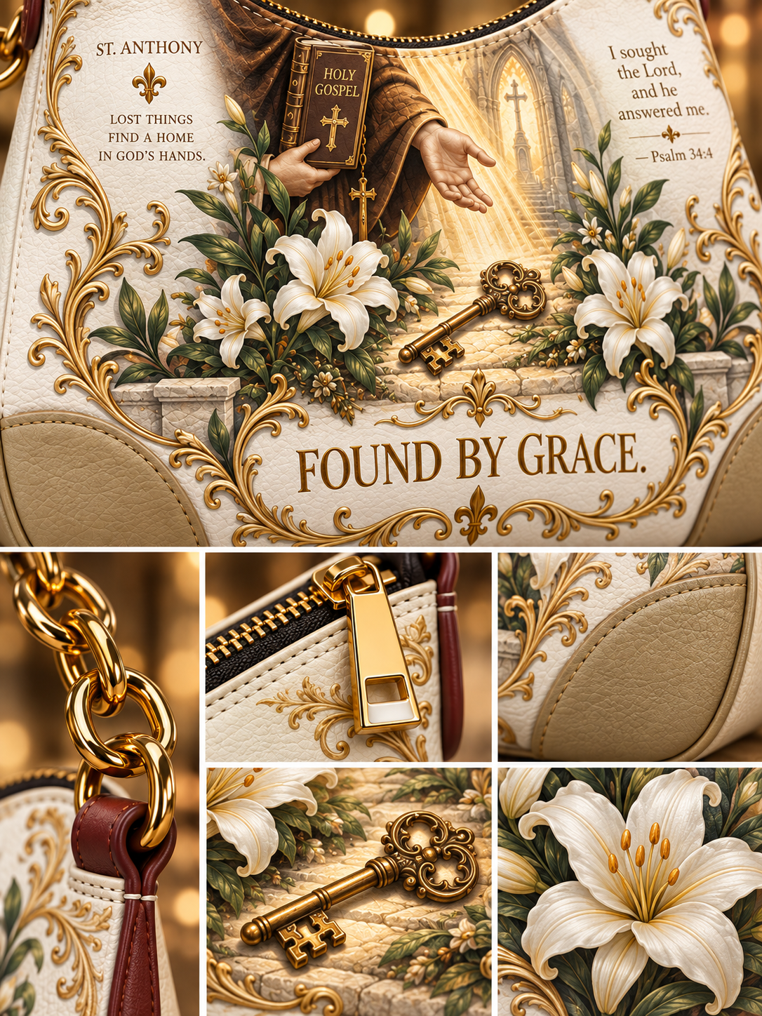 A close-up collage of a handbag or purse featuring an ornate religious illustration with a gold key, white lilies, a Bible, and the text 'FOUND BY GRACE' and 'ST. ANTHONY.