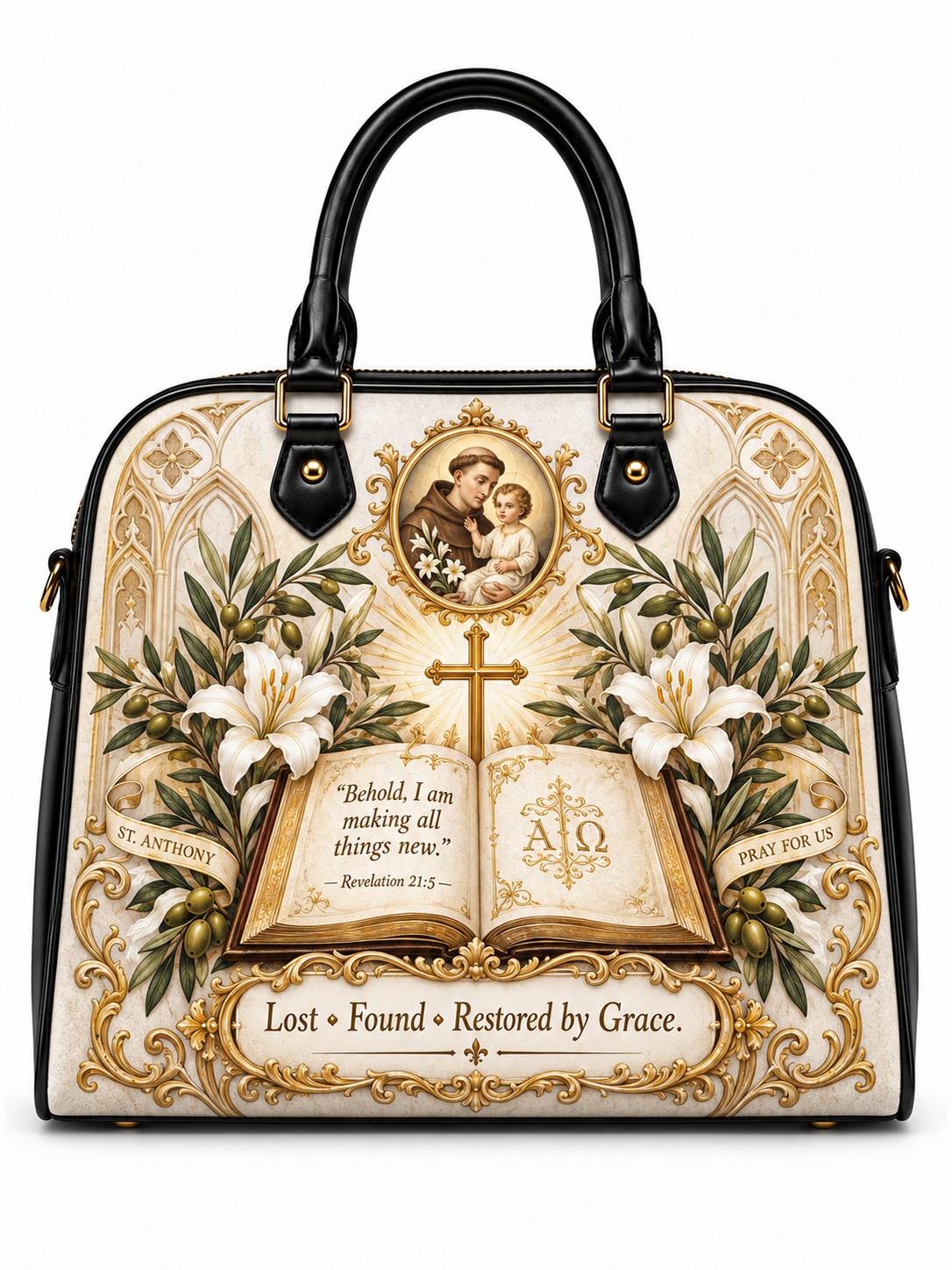 A structured black and cream handbag with ornate gold religious artwork, including a cross, open Bible, lilies, and a saint portrait medallion, shown on a plain white background.