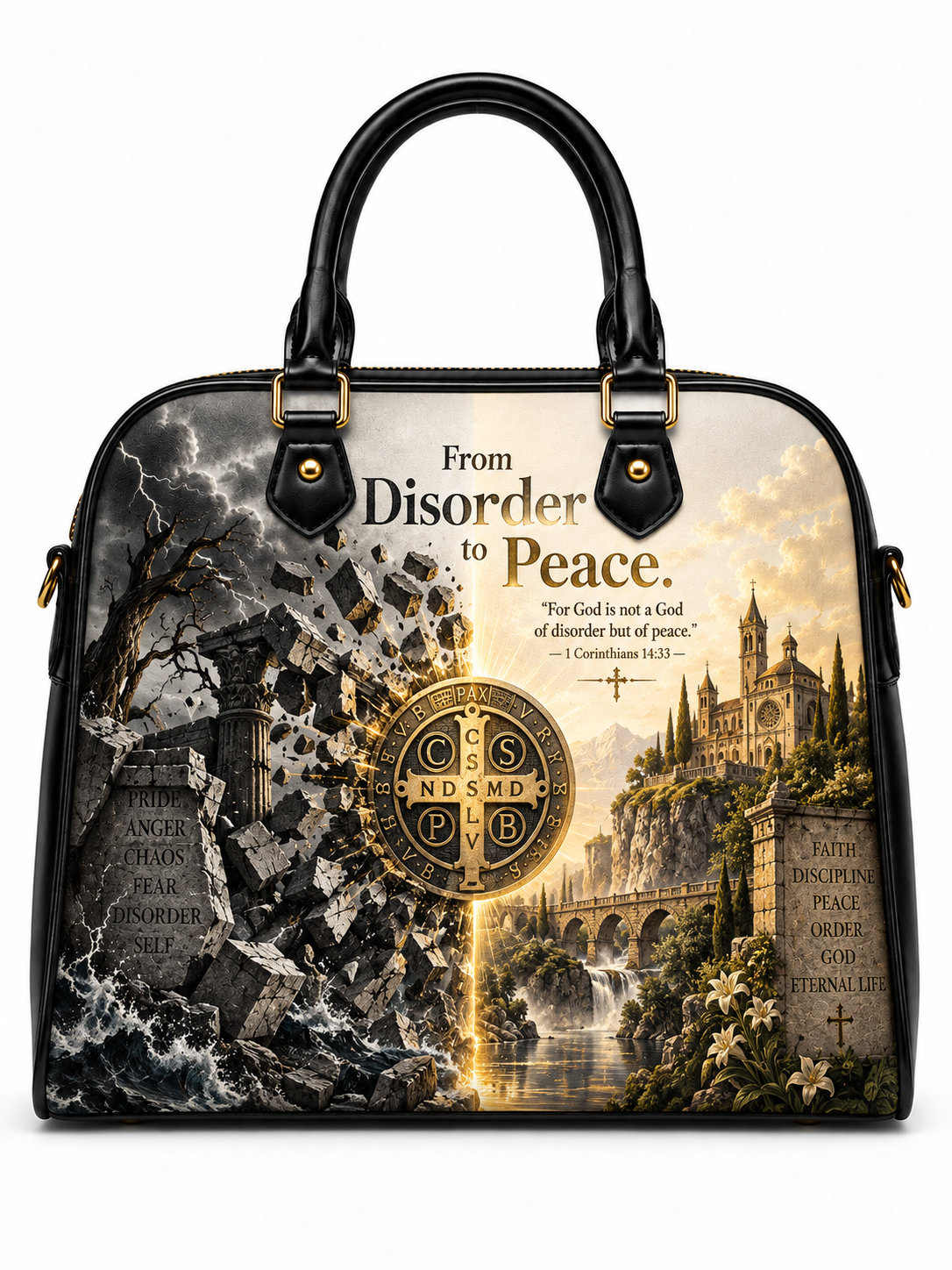 A structured black handbag with double top handles and gold-tone hardware, featuring a large printed graphic on the front. The artwork shows a split scene: dark stormy ruins on the left and a bright golden cathedral landscape on the right, with the text 'From Disorder to Peace.