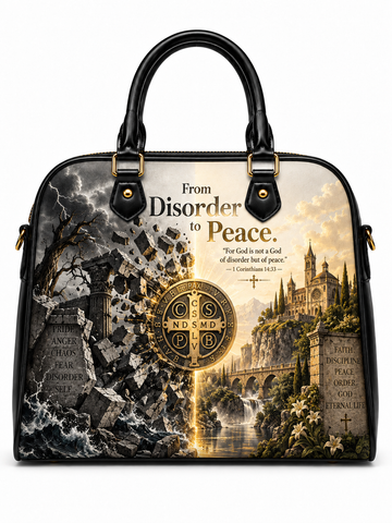 A structured black handbag with double top handles and gold-tone hardware, featuring a large printed graphic on the front. The artwork shows a split scene: dark stormy ruins on the left and a bright golden cathedral landscape on the right, with the text 'From Disorder to Peace.