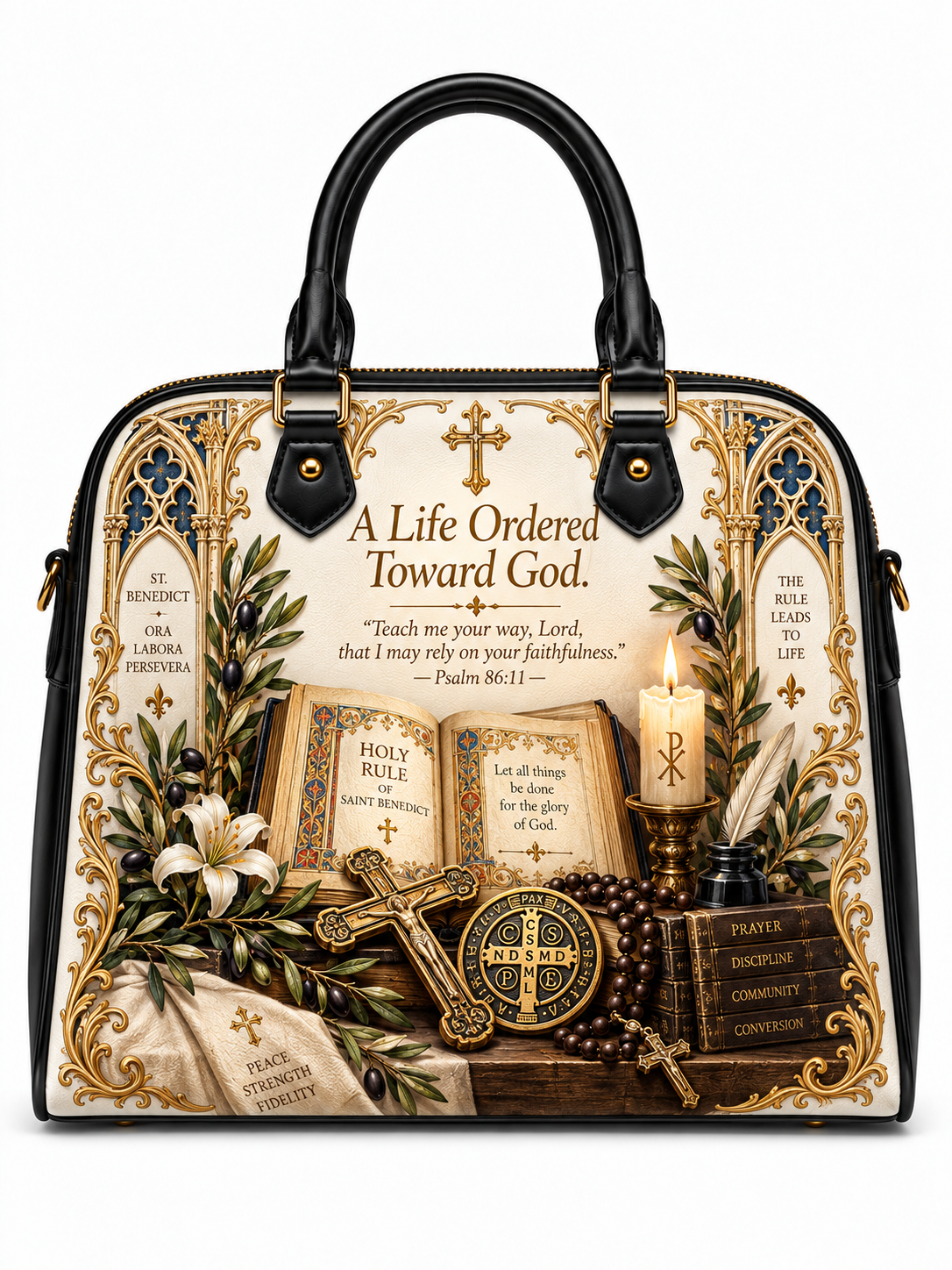 A structured black and gold handbag with a detailed religious illustration featuring Bible verses, holy books, a cross, candles, and rosary beads on the front panel.