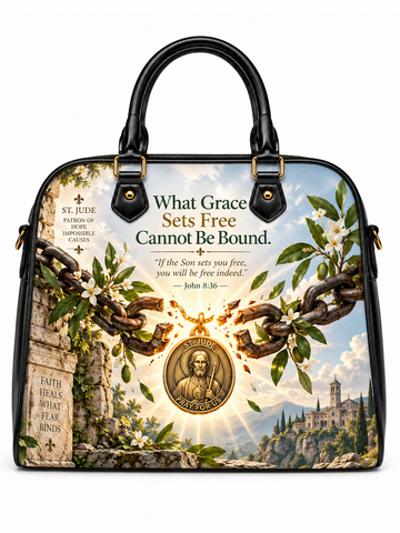 A structured black handbag with gold-tone hardware and double top handles, printed with a religious graphic featuring a broken chain, white flowers, a gold medallion, stone wall text, and scenic landscape artwork. Large text on the bag reads, 'What Grace Sets Free Cannot Be Bound.